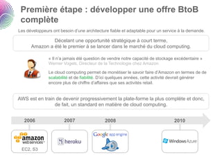 Première étape : développer une offre BtoB
 complète
Les développeurs ont besoin d’une architecture fiable et adaptable pour un service à la demande.

               Décelant une opportunité stratégique à court terme,
      Amazon a été le premier à se lancer dans le marché du cloud computing.

               « Il n’a jamais été question de vendre notre capacité de stockage excédentaire »
               Werner Vogels, Directeur de la Technologie chez Amazon

               Le cloud computing permet de monétiser le savoir faire d’Amazon en termes de de
               scalabilité et de fiabilité. D’ici quelques années, cette activité devrait générer
               encore plus de chiffre d’affaires que ses activités retail.


AWS est en train de devenir progressivement la plate-forme la plus complète et donc,
                de fait, un standard en matière de cloud computing.


   2006                2007                 2008                                2010




 EC2, S3
 