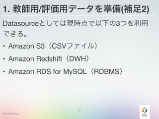 classmethod.jp
1. 教師用/評価用データを準備(補足2)
Datasourceとしては現時点で以下の3つを利用
できる。
• Amazon S3（CSVファイル）
• Amazon Redshift（DWH）
• Amazon RDS for MySQL（RDBMS）
24
 
