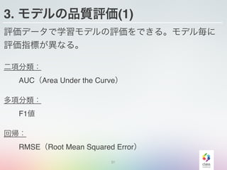 3. モデルの品質評価(1)
評価データで学習モデルの評価をできる。モデル毎に
評価指標が異なる。
二項分類：
  AUC（Area Under the Curve）
多項分類：
  F1値
回帰：
  RMSE（Root Mean Squared Error）
31
 