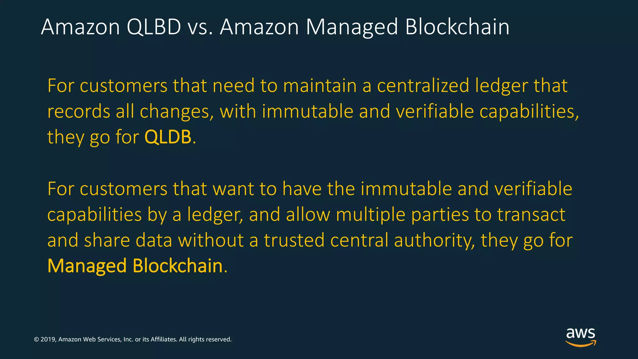 © 2019, Amazon Web Services, Inc. or its Affiliates. All rights reserved.
For customers that need to maintain a centralized ledger that
records all changes, with immutable and verifiable capabilities,
they go for QLDB.
Amazon QLBD vs. Amazon Managed Blockchain
For customers that want to have the immutable and verifiable
capabilities by a ledger, and allow multiple parties to transact
and share data without a trusted central authority, they go for
Managed Blockchain.
 