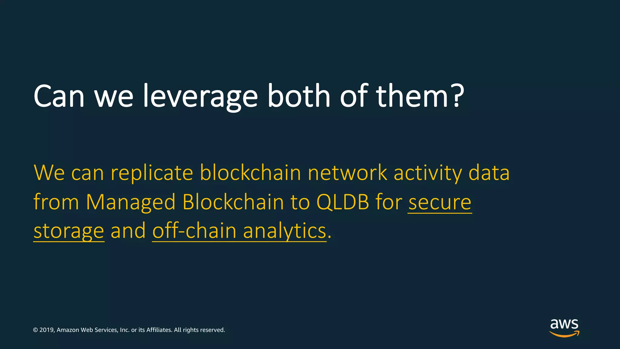© 2019, Amazon Web Services, Inc. or its Affiliates. All rights reserved.
Can we leverage both of them?
We can replicate blockchain network activity data
from Managed Blockchain to QLDB for secure
storage and off-chain analytics.
 