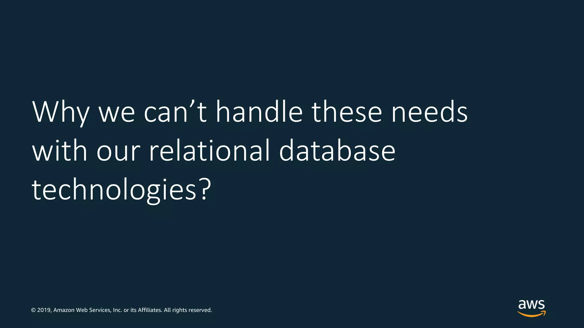 © 2019, Amazon Web Services, Inc. or its Affiliates. All rights reserved.
Why we can’t handle these needs
with our relational database
technologies?
 