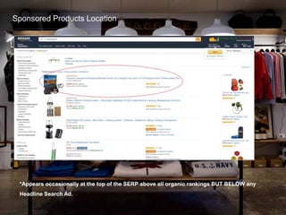 Sponsored Products Location
*Appears occasionally at the top of the SERP above all organic rankings BUT BELOW any
Headline Search Ad.
 