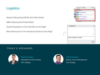 Logistics
Session Recording Will Be Sent Next Week
Q&A Following the Presentation
Submit Questions In the Chat Box to the Right
More Resources In the Handouts Section to the Right
T O D AY ’ S S P E A K E R S
David Cooley
Marketplace Channel Analyst
CPC Strategy
Jeff Coleman
Director, Account Management
CPC Strategy
 