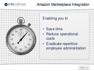 Slide 15
Amazon Marketplace Integration
Enabling you to
• Save time
• Reduce operational
costs
• Eradicate repetitive
empl...