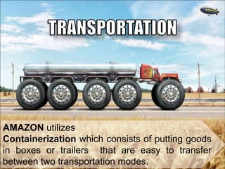 AMAZON utilizes
Containerization which consists of putting goods
in boxes or trailers that are easy to transfer
between two transportation modes.

 