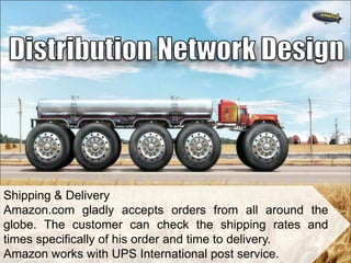 Shipping & Delivery
Amazon.com gladly accepts orders from all around the
globe. The customer can check the shipping rates and
times specifically of his order and time to delivery.
Amazon works with UPS International post service.

 