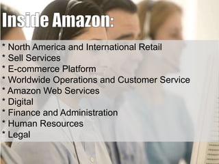* North America and International Retail
* Sell Services
* E-commerce Platform
* Worldwide Operations and Customer Service
* Amazon Web Services
* Digital
* Finance and Administration
* Human Resources
* Legal

 