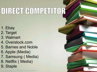 1. Ebay
2. Target
3. Walmart
4. Overstock.com
5. Barnes and Noble
6. Apple (Media)
7. Samsung ( Media)
8. Netflix ( Media)
9. Staple

 