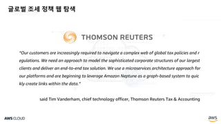 글로벌 조세 정책 웹 탐색
“Our customers are increasingly required to navigate a complex web of global tax policies and r
egulations. We need an approach to model the sophisticated corporate structures of our largest
clients and deliver an end-to-end tax solution. We use a microservices architecture approach for
our platforms and are beginning to leverage Amazon Neptune as a graph-based system to quic
kly create links within the data.”
said Tim Vanderham, chief technology officer, Thomson Reuters Tax & Accounting
 