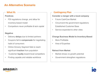What	Ifs
An Alternative Scenario
Contingency	Plan
Positives
• FDI regulations change, and allow for
inventory-based model
• Competitors never profitable & lack capital
Negative
• Delivery delays due to limited partners
• Coupons fail to compensate for negotiating
habit of consumers
• Online Grocery Segment fails to reach
significant traction from population
• Customer loyalty toward local competitors
• Finding capable and reliable workforce
Consider a merger with a local company
• Future CashCow Market
• Circumvent the government regulations
Established Customer Base
• Service expanded to other cities
Change Business Model to Inventory-Based
• More Profitable
• Area of Expertise
Retract from Market
• Market shows no growth potential
• Government strengthen regulations
 