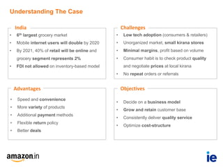 Objectives
• Decide on a business model
• Grow and retain customer base
• Consistently deliver quality service
• Optimize cost-structure
Advantages
• Speed and convenience
• More variety of products
• Additional payment methods
• Flexible return policy
• Better deals
• 6th largest grocery market
• Mobile internet users will double by 2020
• By 2021, 40% of retail will be online and
grocery segment represents 2%
• FDI not allowed on inventory-based model
India
• Low tech adoption (consumers & retailers)
• Unorganized market, small kirana stores
• Minimal margins, profit based on volume
• Consumer habit is to check product quality
and negotiate prices at local kirana
• No repeat orders or referrals
Challenges
Understanding The Case
 