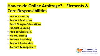 How to do Online Arbitrage? – Elements &
Core Responsibilities
• Product Hunting
• Product Evaluation
• Profit Margin Calculations
• Product Sourcing
• Prep Services (3PL)
• Me too Listing
• Product Repricing
• Product Restocking
• Account Management
 