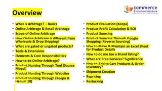 Overview
• What is Arbitrage? – Basics
• Online Arbitrage & Retail Arbitrage
• Scope of Online Arbitrage
• How Online Arbitrage is different from
Wholesale & Drop Shipping?
• What are gated or ungated products?
• Tools & Extensions
• Elements & Core Responsibilities
• How to do Online Arbitrage?
• Product Hunting Through Tool (Source
Mogul)
• Product Hunting Through Websites
• Product Hunting Through (Keepa &
Helium 10)
• Product Evaluation (Keepa)
• Product Profit Calculation & ROI
• Product Sourcing
• Product Sourcing Through Google
Shopping (Reverse Sourcing)
• How to Make & Maintain an Excel Sheet
for Product Details
• How to do me too a Brand listing?
• What are Prep Services? Significance
• How to Add to Cart Products & Order
Inventory?
• Shipment Creation
• Repricing
• Restocking
 