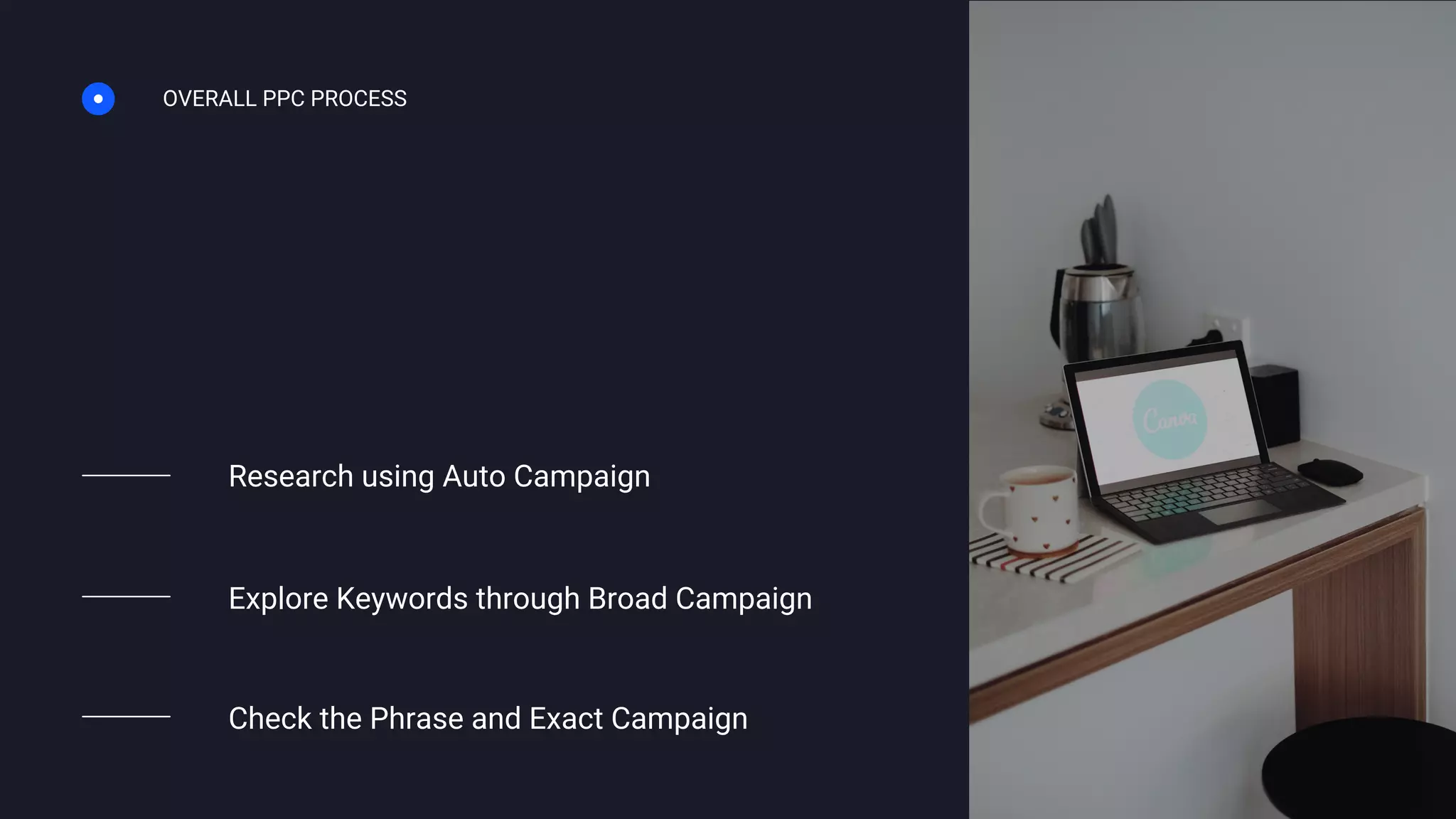OVERALL PPC PROCESS
Research using Auto Campaign
Explore Keywords through Broad Campaign
Check the Phrase and Exact Campaign