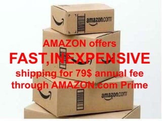 AMAZON offers
FAST,INEXPENSIVE
shipping for 79$ annual fee
through AMAZON.com Prime
 