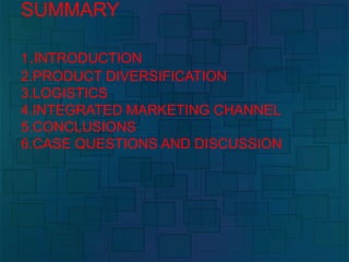 SUMMARY
1.INTRODUCTION
2.PRODUCT DIVERSIFICATION
3.LOGISTICS
4.INTEGRATED MARKETING CHANNEL
5.CONCLUSIONS
6.CASE QUESTIONS AND DISCUSSION
 