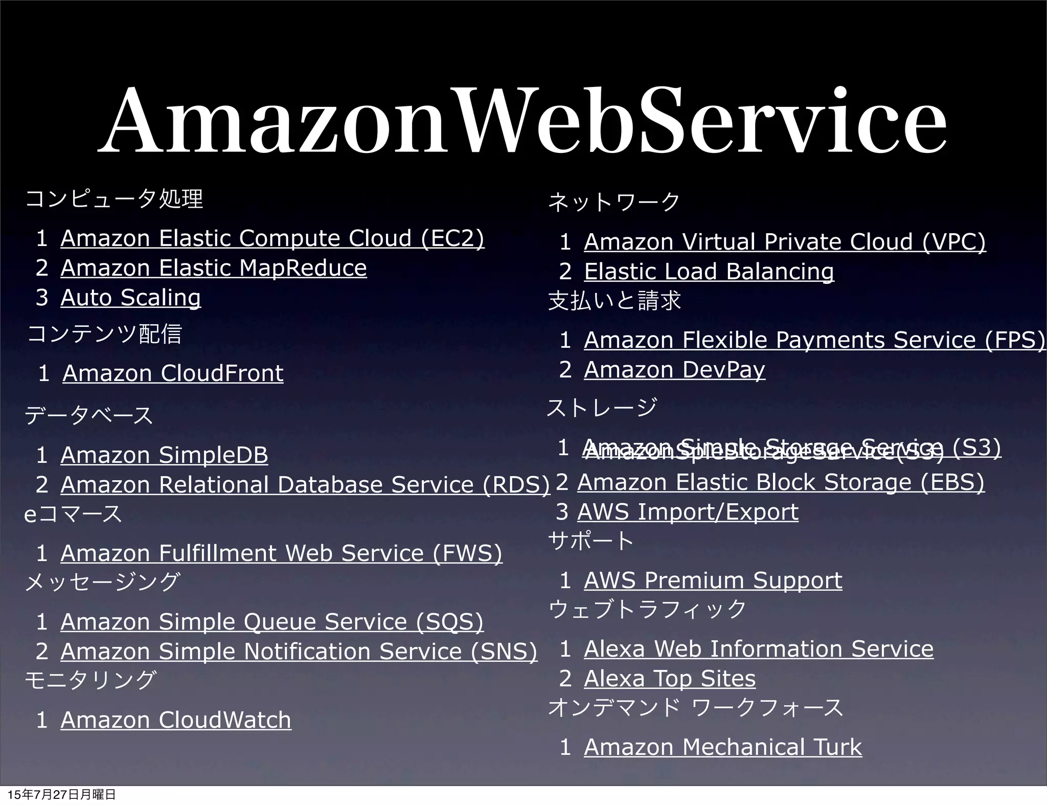 AmazonWebService
コンピュータ処理
1 Amazon Elastic Compute Cloud (EC2)
2 Amazon Elastic MapReduce
3 Auto Scaling
データベース
1 Amazon SimpleDB
2 Amazon Relational Database Service (RDS)
eコマース
1 Amazon Fulfillment Web Service (FWS)
メッセージング
1 Amazon Simple Queue Service (SQS)
2 Amazon Simple Notification Service (SNS)
モニタリング
1 Amazon CloudWatch
ネットワーク
1 Amazon Virtual Private Cloud (VPC)
2 Elastic Load Balancing
支払いと請求
1 Amazon Flexible Payments Service (FPS)
2 Amazon DevPay
2 Amazon Elastic Block Storage (EBS)
3 AWS Import/Export
サポート
1 AWS Premium Support
ウェブトラフィック
1 Alexa Web Information Service
2 Alexa Top Sites
オンデマンド ワークフォース
1 Amazon Mechanical Turk
ストレージ
1 Amazon Simple Storage Service (S3)
コンテンツ配信
1 Amazon CloudFront
AmazonSpleStorageService(S3)
15年7月27日月曜日
 