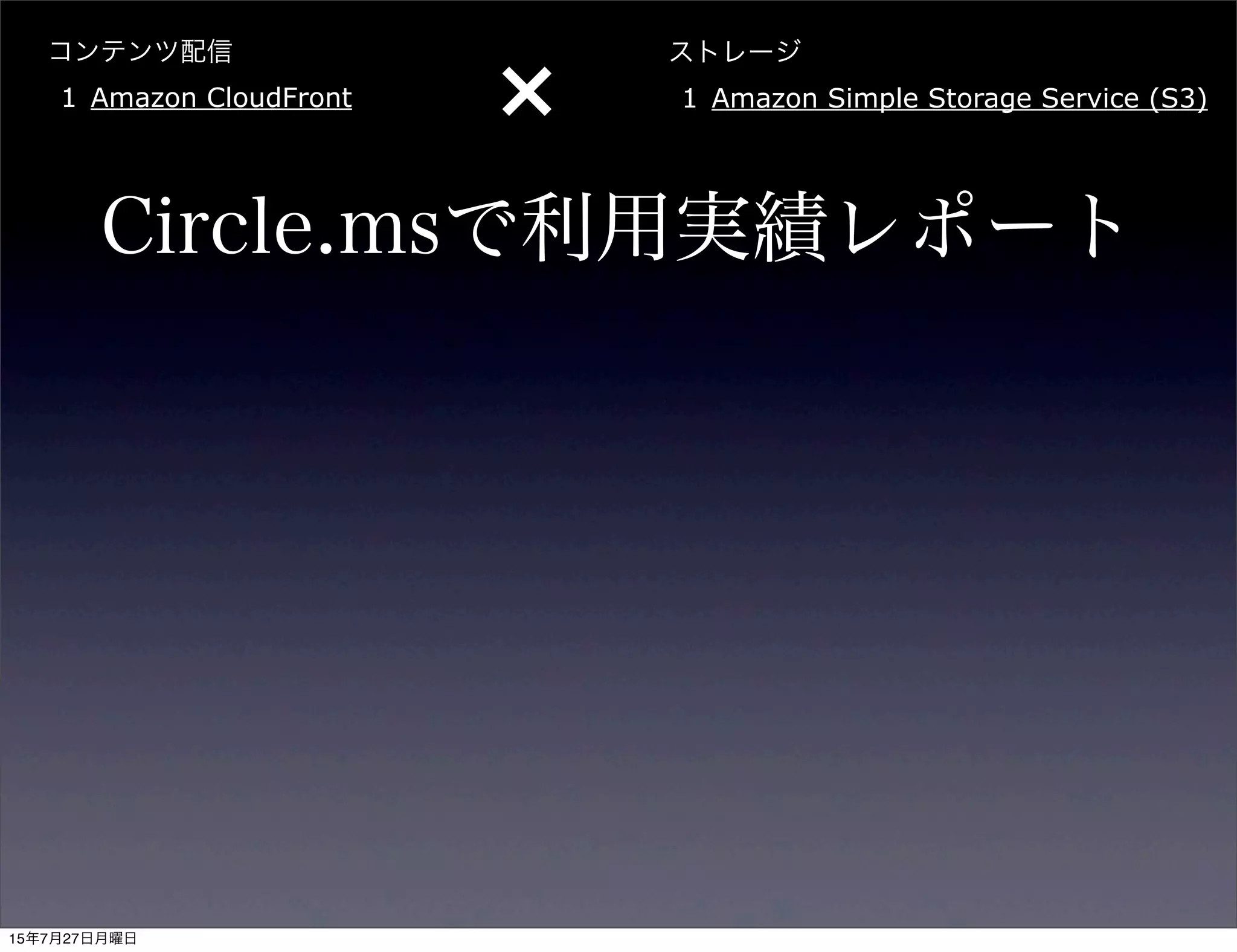 コンテンツ配信
1 Amazon CloudFront
ストレージ
1 Amazon Simple Storage Service (S3)
×
Circle.msで利用実績レポート
15年7月27日月曜日
 