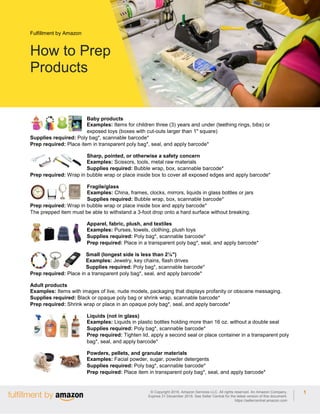 Fulfillment by Amazon
How to Prep
Products
© Copyright 2016, Amazon Services LLC. All rights reserved. An Amazon Company.
Expires 31 December 2016. See Seller Central for the latest version of this document.
https://sellercentral.amazon.com
1
Baby products
Examples: Items for children three (3) years and under (teething rings, bibs) or
exposed toys (boxes with cut-outs larger than 1" square)
Supplies required: Poly bag*, scannable barcode*
Prep required: Place item in transparent poly bag*, seal, and apply barcode*
Sharp, pointed, or otherwise a safety concern
Examples: Scissors, tools, metal raw materials
Supplies required: Bubble wrap, box, scannable barcode*
Prep required: Wrap in bubble wrap or place inside box to cover all exposed edges and apply barcode*
Fragile/glass
Examples: China, frames, clocks, mirrors, liquids in glass bottles or jars
Supplies required: Bubble wrap, box, scannable barcode*
Prep required: Wrap in bubble wrap or place inside box and apply barcode*
The prepped item must be able to withstand a 3-foot drop onto a hard surface without breaking.
Apparel, fabric, plush, and textiles
Examples: Purses, towels, clothing, plush toys
Supplies required: Poly bag*, scannable barcode*
Prep required: Place in a transparent poly bag*, seal, and apply barcode*
Small (longest side is less than 2⅛")
Examples: Jewelry, key chains, flash drives
Supplies required: Poly bag*, scannable barcode*
Prep required: Place in a transparent poly bag*, seal, and apply barcode*
Adult products
Examples: Items with images of live, nude models, packaging that displays profanity or obscene messaging.
Supplies required: Black or opaque poly bag or shrink wrap, scannable barcode*
Prep required: Shrink wrap or place in an opaque poly bag*, seal, and apply barcode*
Liquids (not in glass)
Examples: Liquids in plastic bottles holding more than 16 oz. without a double seal
Supplies required: Poly bag*, scannable barcode*
Prep required: Tighten lid, apply a second seal or place container in a transparent poly
bag*, seal, and apply barcode*
Powders, pellets, and granular materials
Examples: Facial powder, sugar, powder detergents
Supplies required: Poly bag*, scannable barcode*
Prep required: Place item in transparent poly bag*, seal, and apply barcode*
 