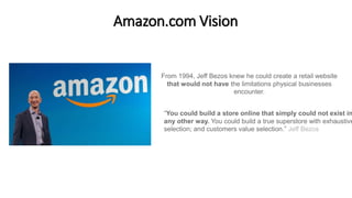 Amazon.com Vision
From 1994, Jeff Bezos knew he could create a retail website
that would not have the limitations physical businesses
encounter.
“You could build a store online that simply could not exist in
any other way. You could build a true superstore with exhaustive
selection; and customers value selection.” Jeff Bezos
 