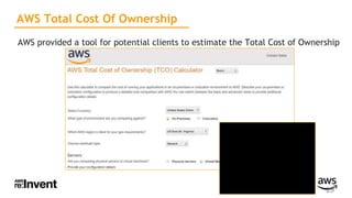 AWS Total Cost Of Ownership
AWS provided a tool for potential clients to estimate the Total Cost of Ownership
19
 