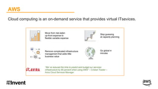 AWS
Cloud computing is an on-demand service that provides virtual ITsevices.
8
 