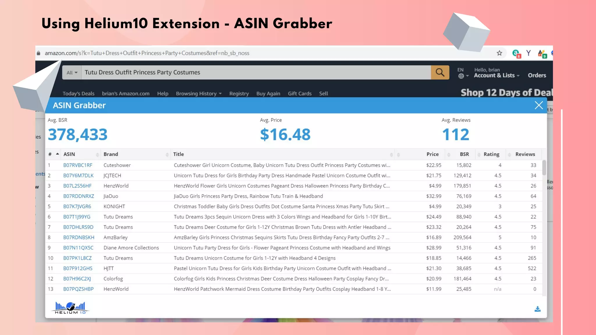 Using Helium10 Extension - ASIN Grabber
 