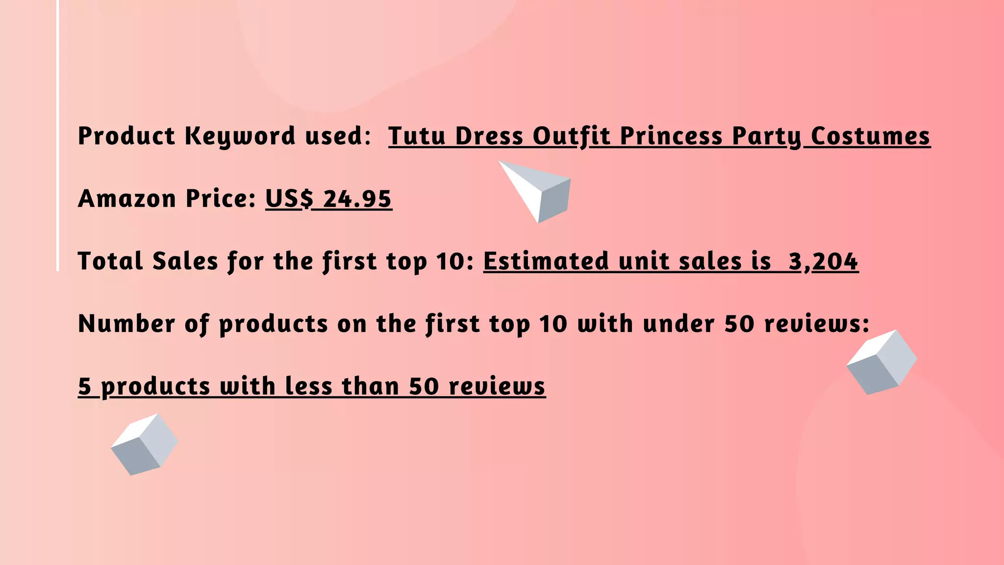 Product Keyword used: Tutu Dress Outfit Princess Party Costumes
Amazon Price: US$ 24.95
Total Sales for the first top 10: Estimated unit sales is  3,204
Number of products on the first top 10 with under 50 reviews:
5 products with less than 50 reviews
 