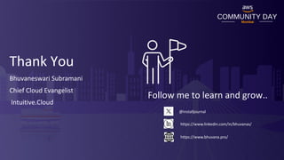 Thank You
Bhuvaneswari Subramani
Chief Cloud Evangelist
Intuitive.Cloud
@installjournal
https://www.linkedin.com/in/bhuvanas/
https://www.bhuvana.pro/
Follow me to learn and grow..
 