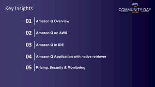 COMMUNITY DAY
Mumbai
Amazon Q Overview
Amazon Q on AWS
01
02
03 Amazon Q in IDE
04 Amazon Q Application with native retriever
Key Insights
05 Pricing, Security & Monitoring
 
