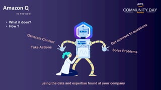 COMMUNITY DAY
Mumbai
IN PREVIEW
Amazon Q
Get answers to questions
Solve Problems
Generate Content
Take Actions
using the data and expertise found at your company
• What it does?
• How ?
 