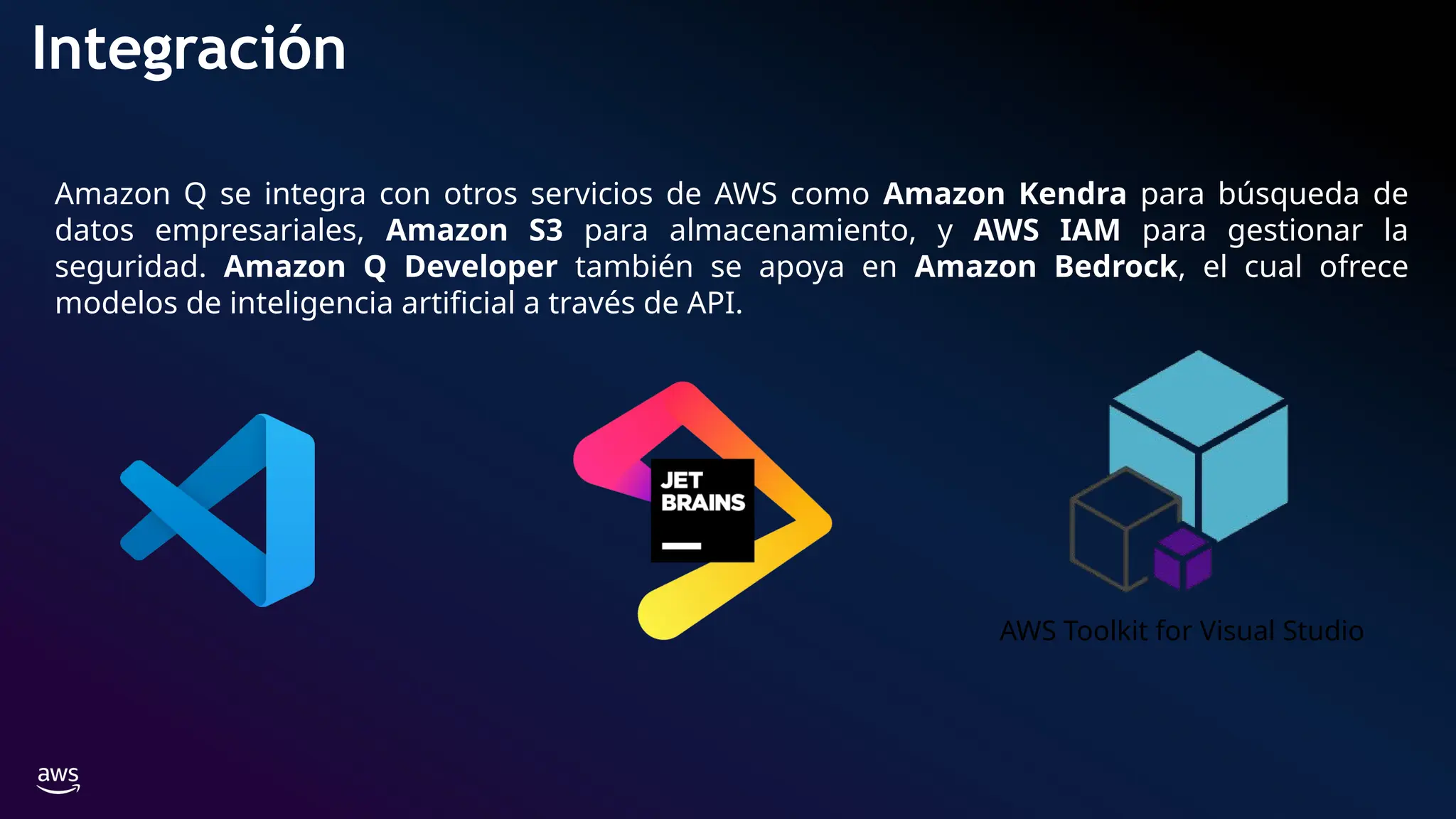 Integración
Amazon Q se integra con otros servicios de AWS como Amazon Kendra para búsqueda de
datos empresariales, Amazon S3 para almacenamiento, y AWS IAM para gestionar la
seguridad. Amazon Q Developer también se apoya en Amazon Bedrock, el cual ofrece
modelos de inteligencia artificial a través de API.
AWS Toolkit for Visual Studio
 