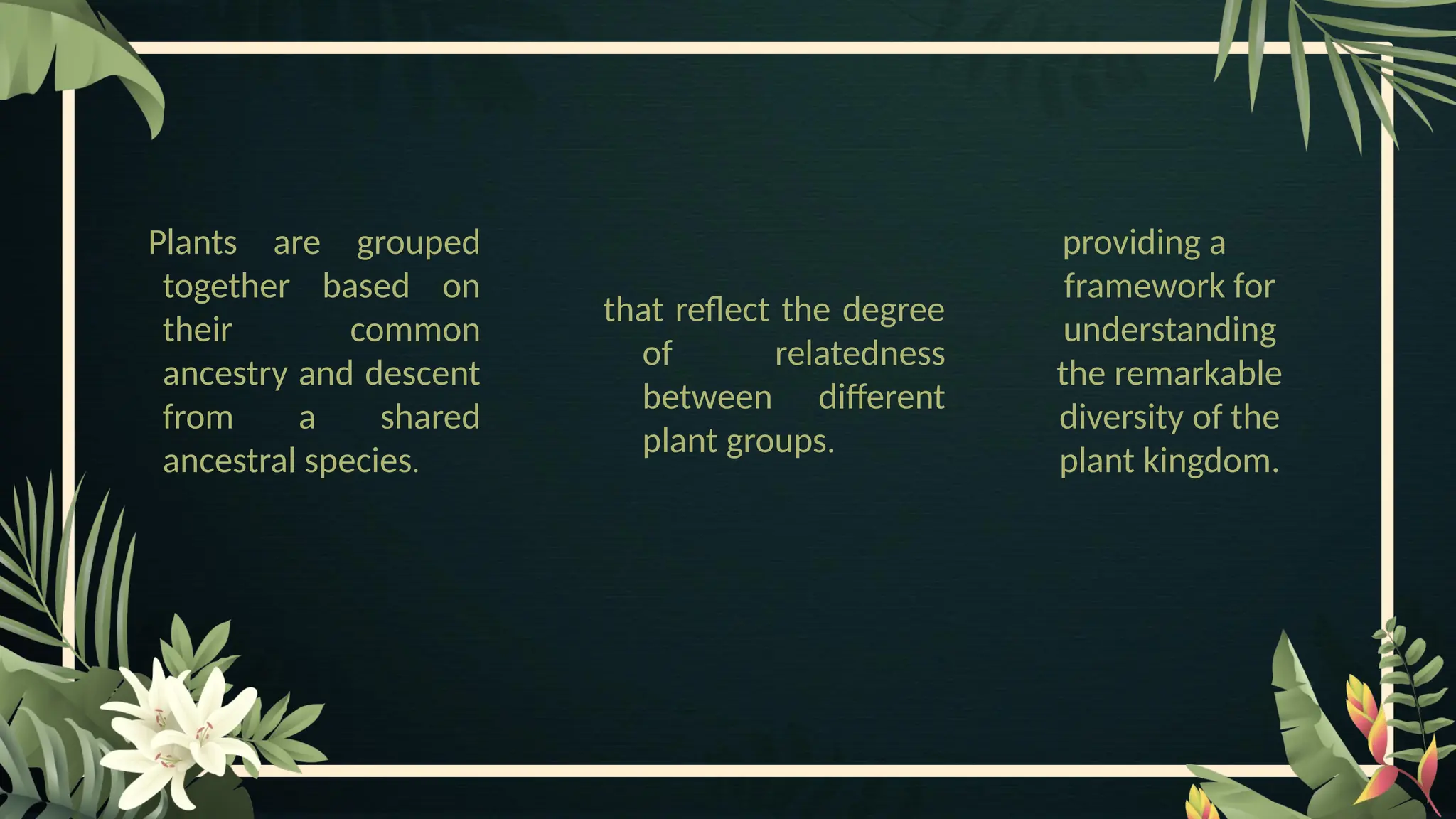 Plants are grouped
together based on
their common
ancestry and descent
from a shared
ancestral species.
that reflect the degree
of relatedness
between different
plant groups.
providing a
framework for
understanding
the remarkable
diversity of the
plant kingdom.
 