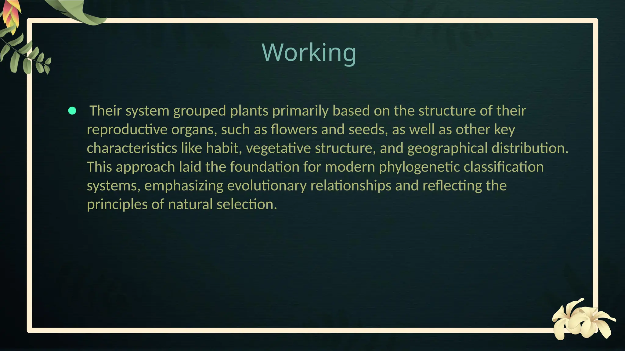 Working
● Their system grouped plants primarily based on the structure of their
reproductive organs, such as flowers and seeds, as well as other key
characteristics like habit, vegetative structure, and geographical distribution.
This approach laid the foundation for modern phylogenetic classification
systems, emphasizing evolutionary relationships and reflecting the
principles of natural selection.
 