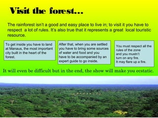 Visit the forest…
The rainforest isn’t a good and easy place to live in; to visit it you have to
respect a lot of rules. It’s also true that it represents a great local touristic
resource.
You must respect all the
rules of the zone
and you mustn’t
turn on any fire.
It may flare up a fire.
It will even be difficult but in the end, the show will make you ecstatic.
To get inside you have to land
at Manaus, the most important
city built in the heart of the
forest.
After that, when you are settled
you have to bring some sources
of water and food and you
have to be accompanied by an
expert guide to go inside.
 