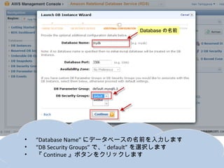 Databaseの名前




•   “Database Name”にデータベースの名前を入力します
•   “DB Security Groups”で、”default”を選択します
•   『Continue』ボタンをクリックします
 