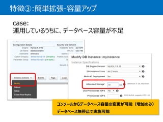 特徴③:簡単拡張-容量アップ 
case: 運用しているうちに、データベース容量が不足 
コンソールからデータベース容量の変更が可能（増加のみ） 
データベース無停止で実施可能  
