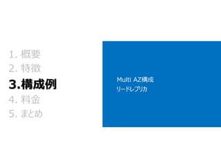 Multi AZ構成 
リードレプリカ 
1.概要 
2.特徴 3.構成例 
4.料金 
5.まとめ  