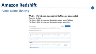 Amazon Redshift
Ainda sobre Tunning
WLM – Work Load Management (Filas de execução)
Exemplo de filas
Fila 1 com 60% de recursos do cluster para o grupo Tableau
File 2 com 40% de recursos do cluster para o grupo Dev
 