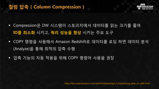 컬럼 압축 ( Column Compression )
http://docs.aws.amazon.com/redshift/latest/dg/t_Compressing_data_on_disk.html
 Compression은 DW 시스템이 스토리지에서 데이터를 읽는 크기를 줄여
IO를 최소화 시키고, 쿼리 성능을 향상 시키는 주요 도구
 COPY 명령을 사용해서 Amazon Redshift로 데이터를 로딩 하면 데이터 분석
(Analyze)을 통해 최적의 압축 수행
 압축 기능의 자동 적용을 위해 COPY 명령어 사용을 권장
 