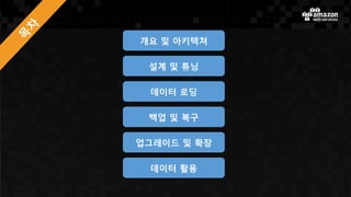 설계 및 튜닝
개요 및 아키텍쳐
데이터 로딩
백업 및 복구
업그레이드 및 확장
데이터 활용
 