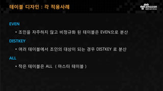 테이블 디자인：각 적용사례
EVEN
• 조인을 자주하지 않고 비정규화 된 테이블은 EVEN으로 분산
DISTKEY
• 여러 테이블에서 조인의 대상이 되는 경우 DISTKEY 로 분산
ALL
• 작은 테이블은 ALL （마스터 테이블）
 