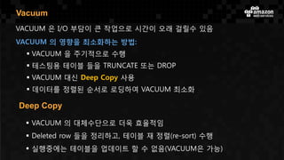 VACUUM 은 I/O 부담이 큰 작업으로 시간이 오래 걸릴수 있음
VACUUM 의 영향을 최소화하는 방법:
 VACUUM 을 주기적으로 수행
 테스팅용 테이블 들을 TRUNCATE 또는 DROP
 VACUUM 대신 Deep Copy 사용
 데이터를 정렬된 순서로 로딩하여 VACUUM 최소화
Vacuum
Deep Copy
 VACUUM 의 대체수단으로 더욱 효율적임
 Deleted row 들을 정리하고, 테이블 재 정렬(re-sort) 수행
 실행중에는 테이블을 업데이트 할 수 없음(VACUUM은 가능)
 