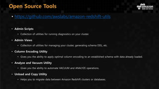 Open Source Tools
• https://github.com/awslabs/amazon-redshift-utils
• Admin Scripts
• Collection of utilities for running diagnostics on your cluster.
• Admin Views
• Collection of utilities for managing your cluster, generating schema DDL, etc.
• Column Encoding Utility
• Gives you the ability to apply optimal column encoding to an established schema with data already loaded.
• Analyze and Vacuum Utility
• Gives you the ability to automate VACUUM and ANALYZE operations.
• Unload and Copy Utility
• Helps you to migrate data between Amazon Redshift clusters or databases.
 