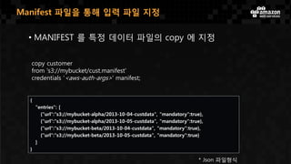 • MANIFEST 를 특정 데이터 파일의 copy 에 지정
{
"entries": [
{"url":"s3://mybucket-alpha/2013-10-04-custdata", "mandatory":true},
{"url":"s3://mybucket-alpha/2013-10-05-custdata", "mandatory":true},
{"url":"s3://mybucket-beta/2013-10-04-custdata", "mandatory":true},
{"url":"s3://mybucket-beta/2013-10-05-custdata", "mandatory":true}
]
}
Manifest 파일을 통해 입력 파일 지정
* Json 파일형식
copy customer
from 's3://mybucket/cust.manifest'
credentials '<aws-auth-args>' manifest;
 
