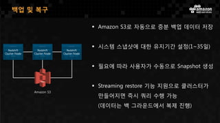  Amazon S3로 자동으로 증분 백업 데이터 저장
 시스템 스냅샷에 대한 유지기간 설정(1~35일)
 필요에 따라 사용자가 수동으로 Snapshot 생성
 Streaming restore 기능 지원으로 클러스터가
만들어지면 즉시 쿼리 수행 가능
(데이터는 백 그라운드에서 복제 진행)
백업 및 복구
 