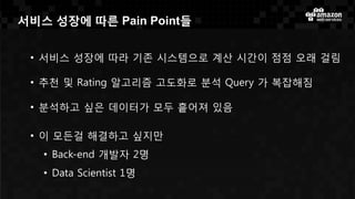 서비스 성장에 따른 Pain Point들
• 서비스 성장에 따라 기존 시스템으로 계산 시간이 점점 오래 걸림
• 추천 및 Rating 알고리즘 고도화로 분석 Query 가 복잡해짐
• 분석하고 싶은 데이터가 모두 흩어져 있음
• 이 모든걸 해결하고 싶지만
• Back-end 개발자 2명
• Data Scientist 1명
 