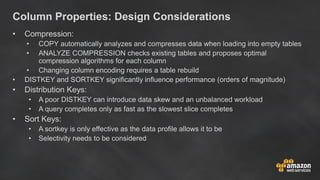 Column Properties: Design Considerations
• Compression:
• COPY automatically analyzes and compresses data when loading int...