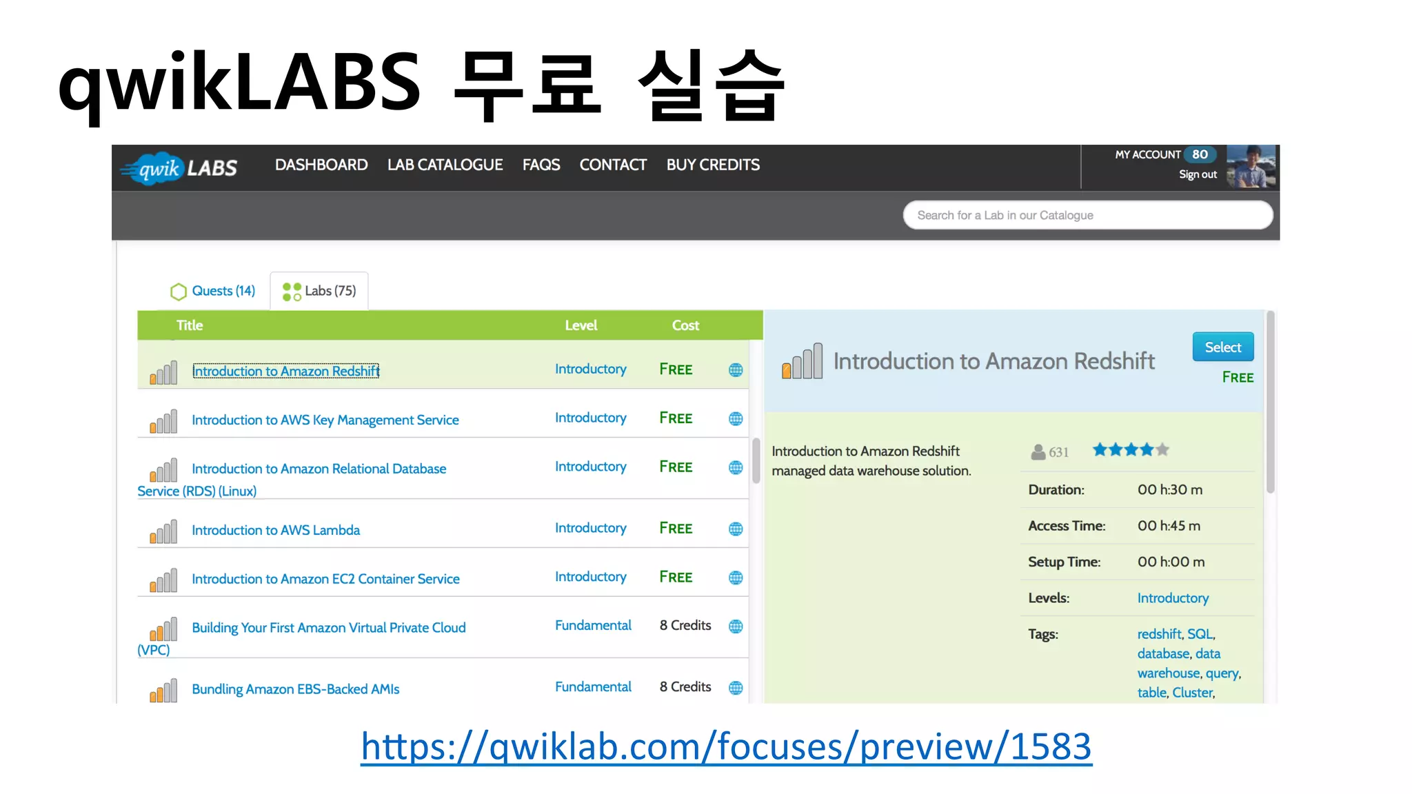 qwikLABS 무료 실습
hkps://qwiklab.com/focuses/preview/1583		
 